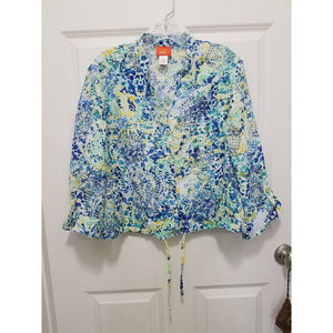 Hearts of Palm Abstract Prints Roll Tab Sleeves Draw String Waist Button Down 12